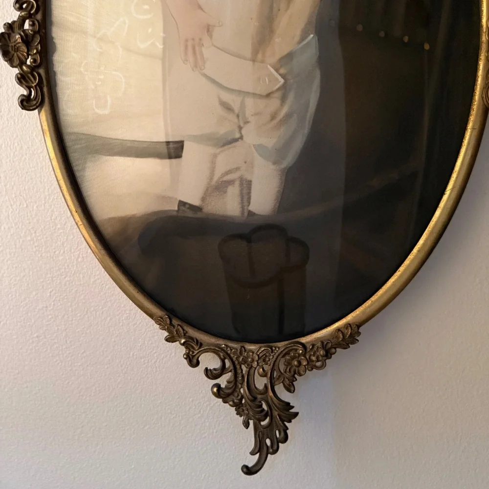 Antique Oval Bubble Glass Ornate Metal Frame Hand Colored Child Portrait Vintage